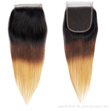 New Arrival Peruvian Straight Hair 4*4 Lace Frontal Closure 3 Tone Color 1b 4 27 Remy Human Hair